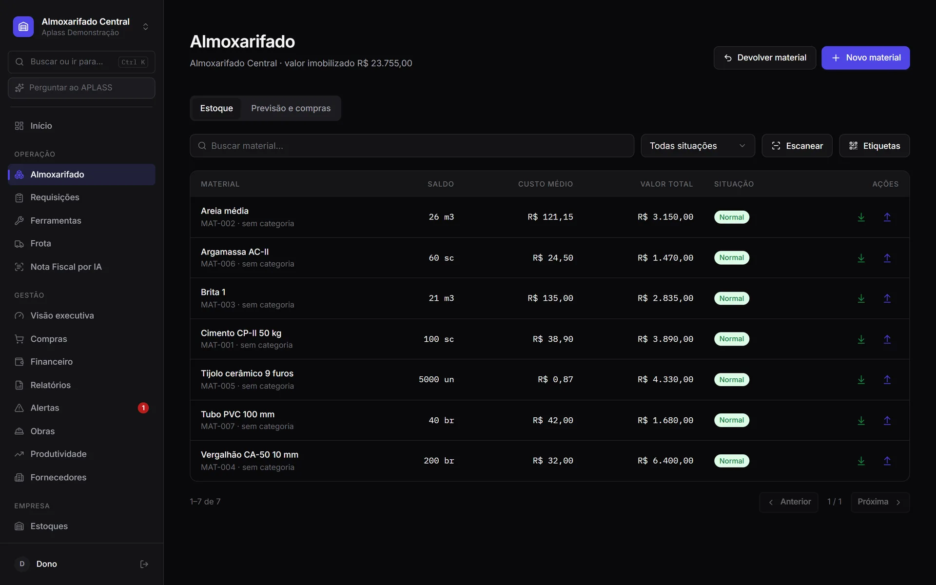 Tela de almoxarifado do APLASS: materiais com saldo, custo médio, valor total e situação