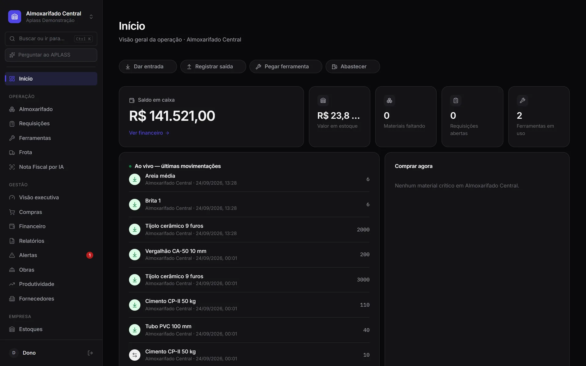 Tela inicial do APLASS: saldo em caixa, valor em estoque e últimas movimentações do almoxarifado