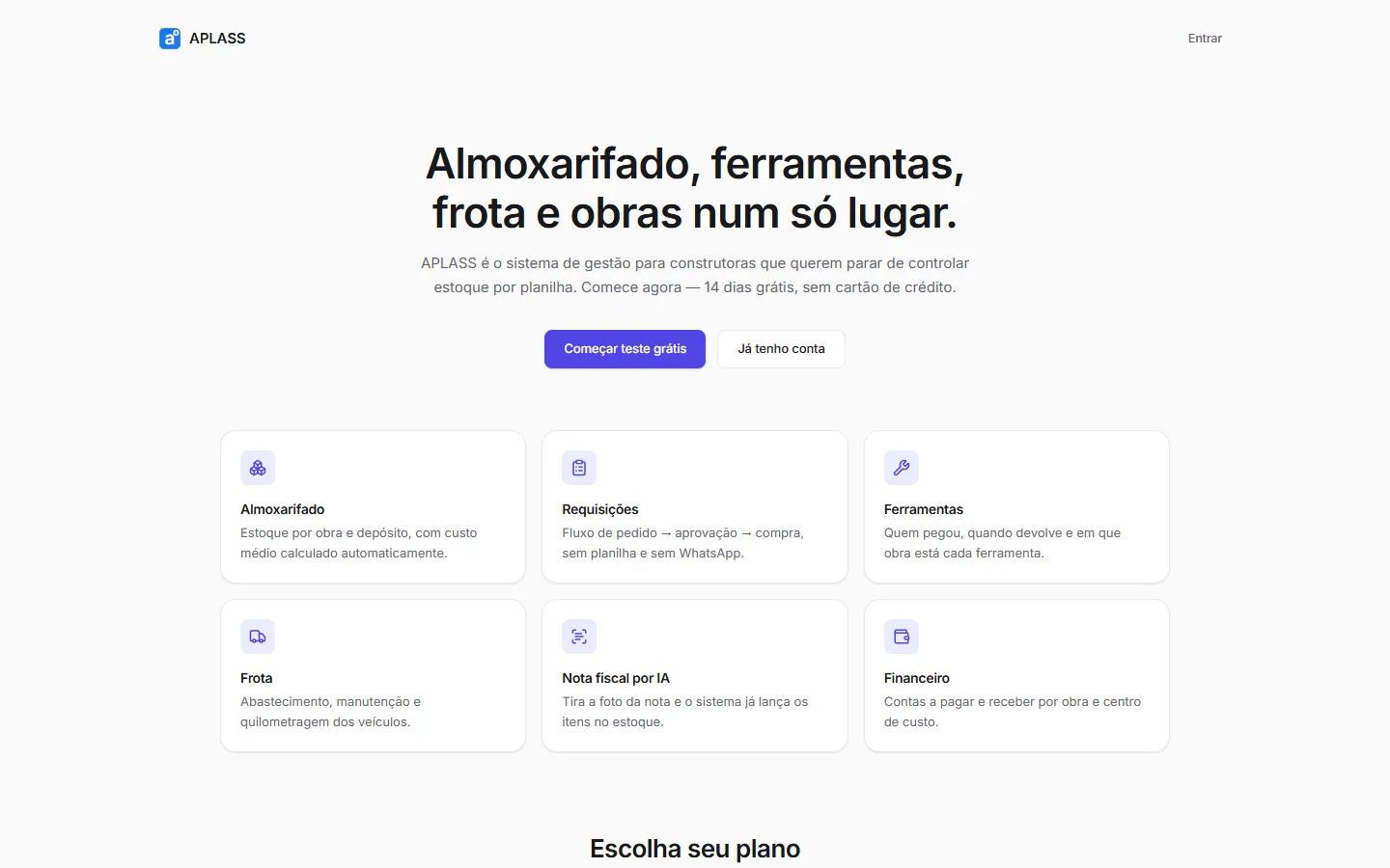 Página inicial do APLASS: almoxarifado, ferramentas, frota e obras num só lugar