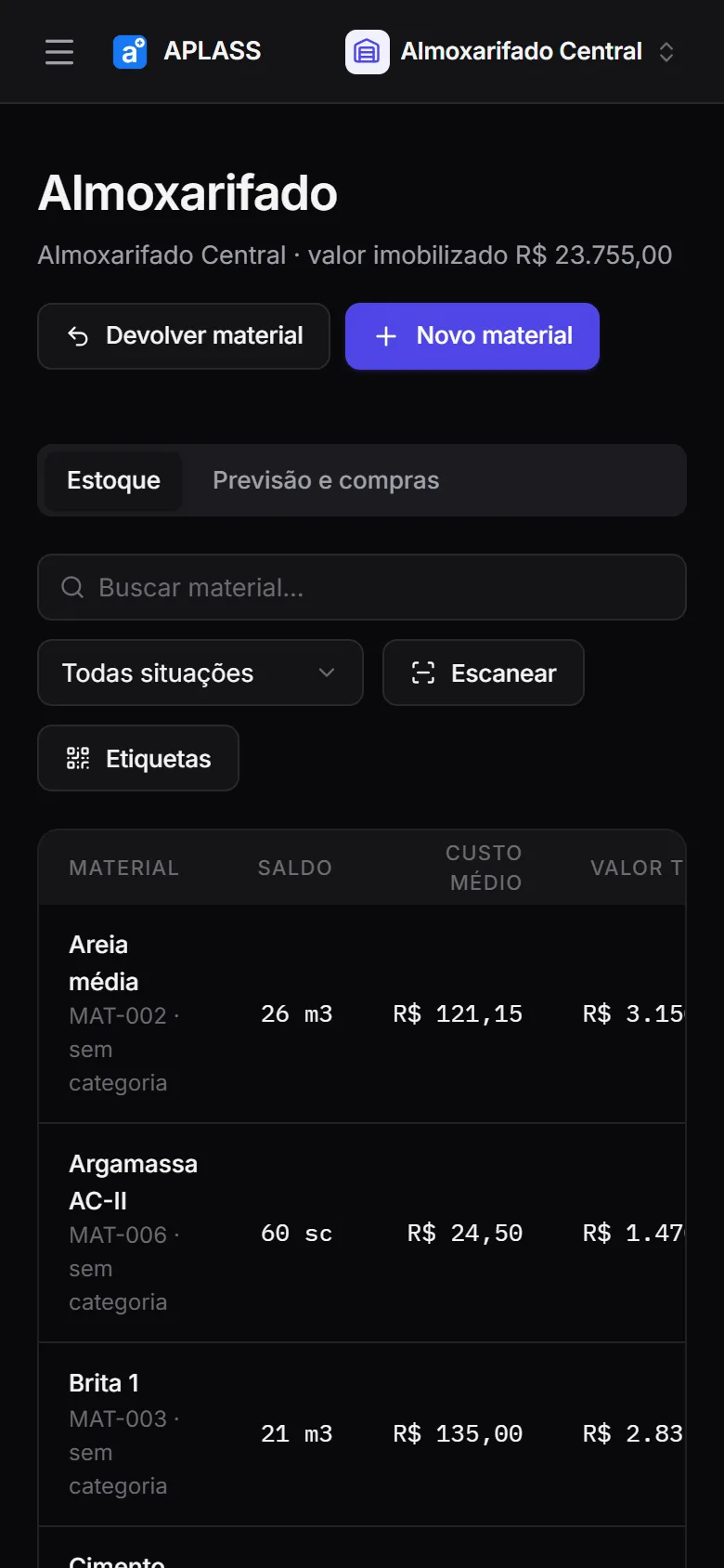 Almoxarifado do APLASS no celular