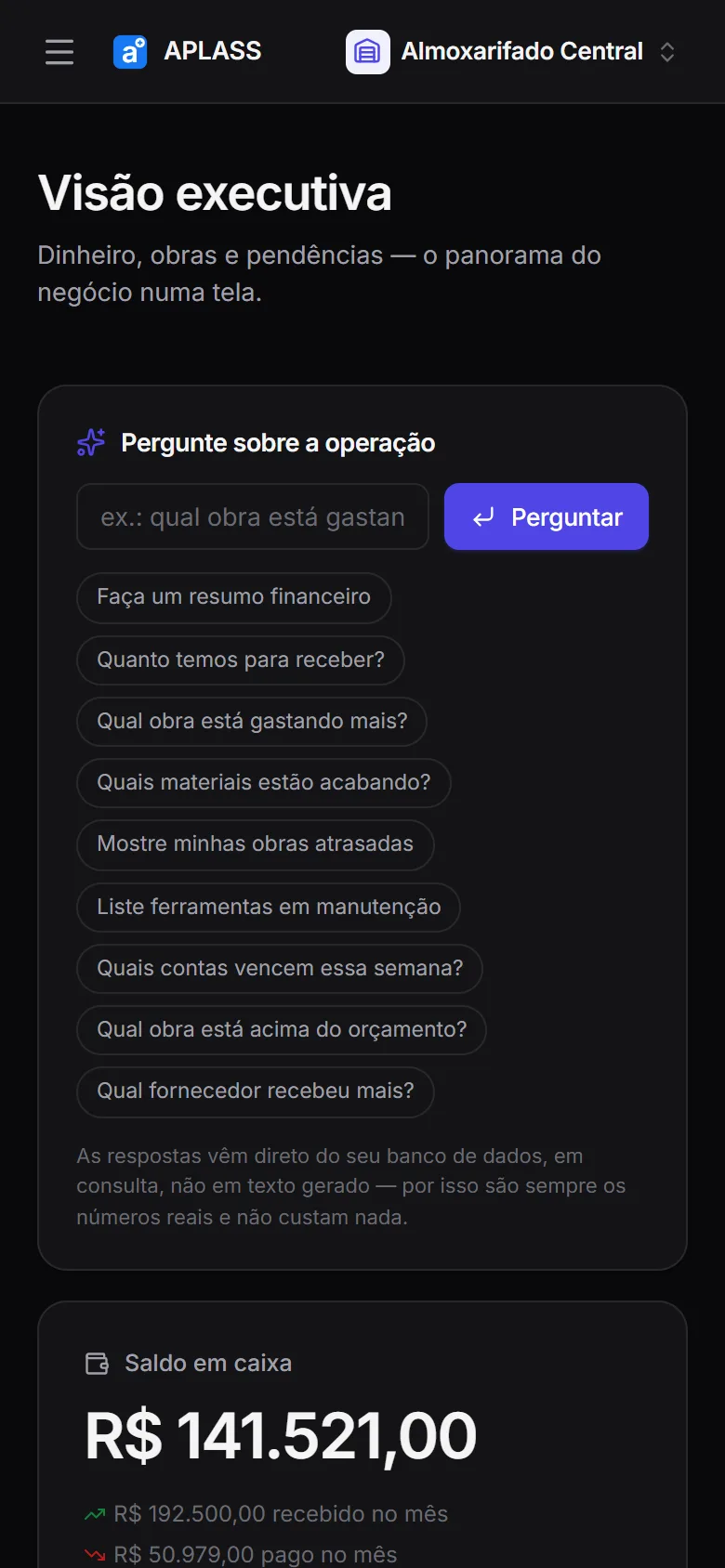 Visão executiva do APLASS no celular
