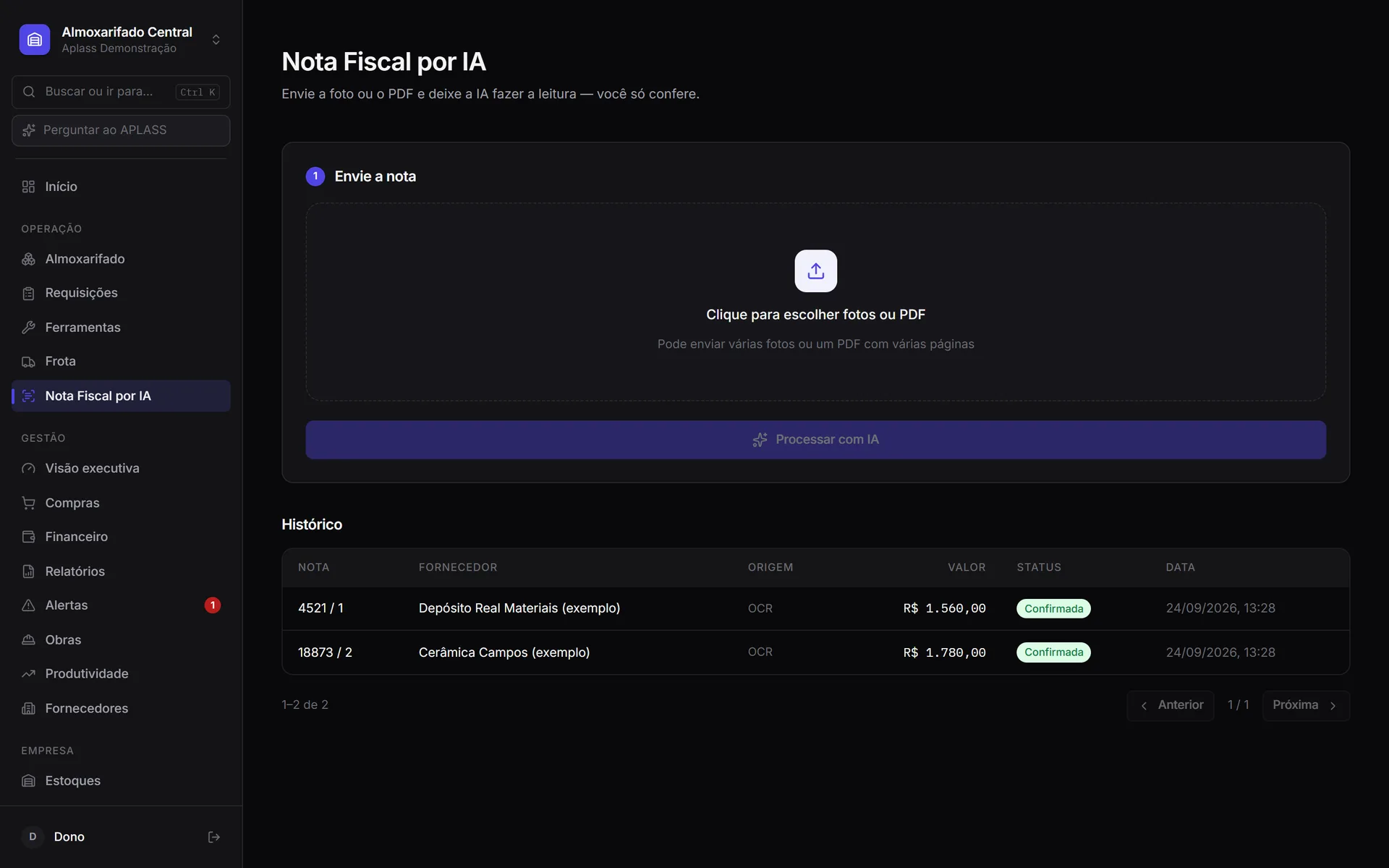 Tela de Nota Fiscal por IA do APLASS com envio de foto ou PDF e histórico de notas lidas
