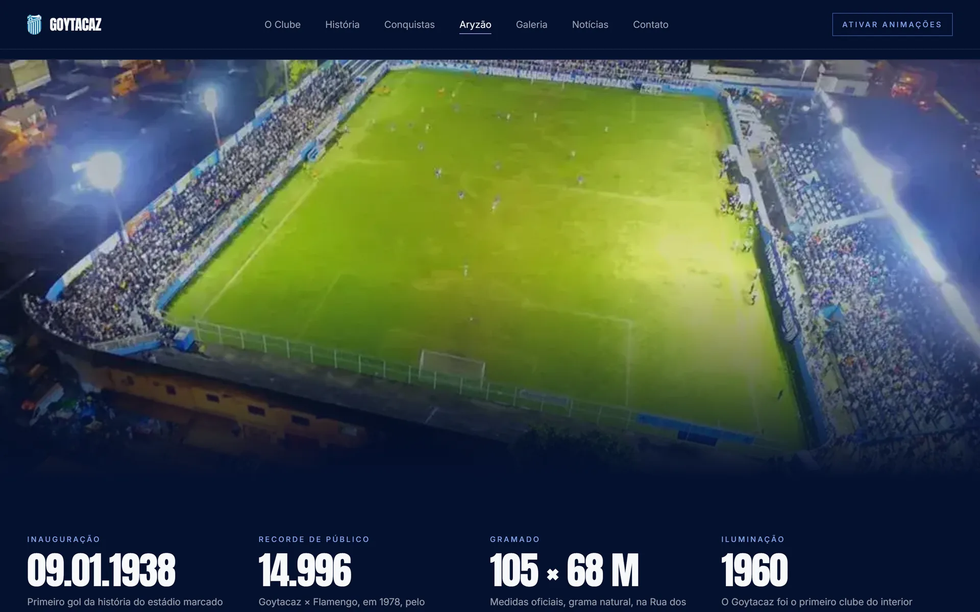 Página do estádio: vista aérea do Aryzão à noite, com inauguração, recorde de público e medidas