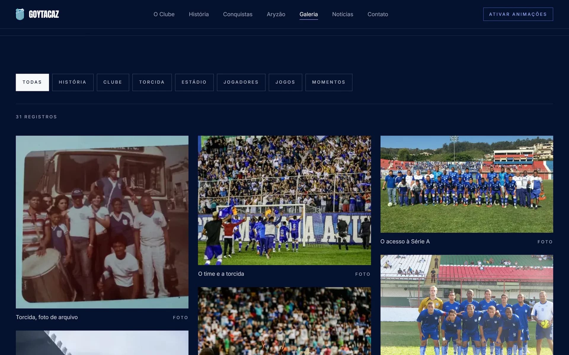 Galeria do acervo: fotos da torcida, dos elencos e do estádio, com filtros por tema