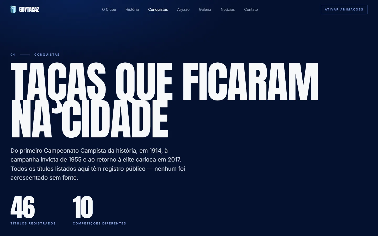 Página de conquistas: 46 títulos em 10 competições