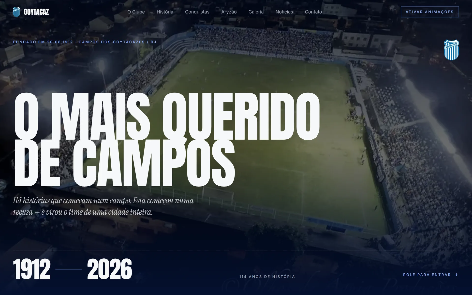 Página inicial do site do Goytacaz: o mais querido de Campos, sobre a foto aérea do Aryzão lotado